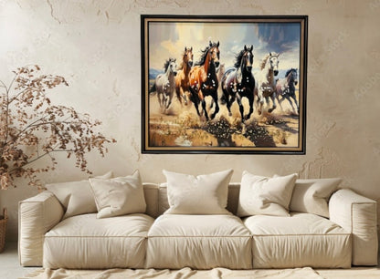 7 running horses oil glass painting studded with pearls