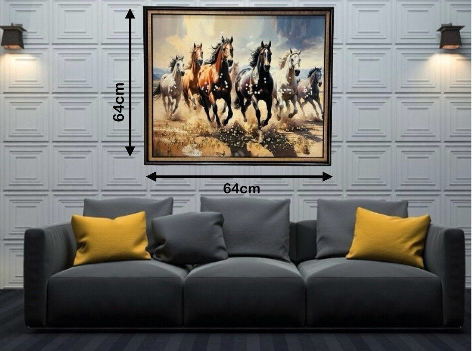 7 running horses oil glass painting studded with pearls