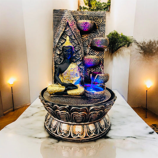 Meditating Buddha Fountain (Black and Gold) Color