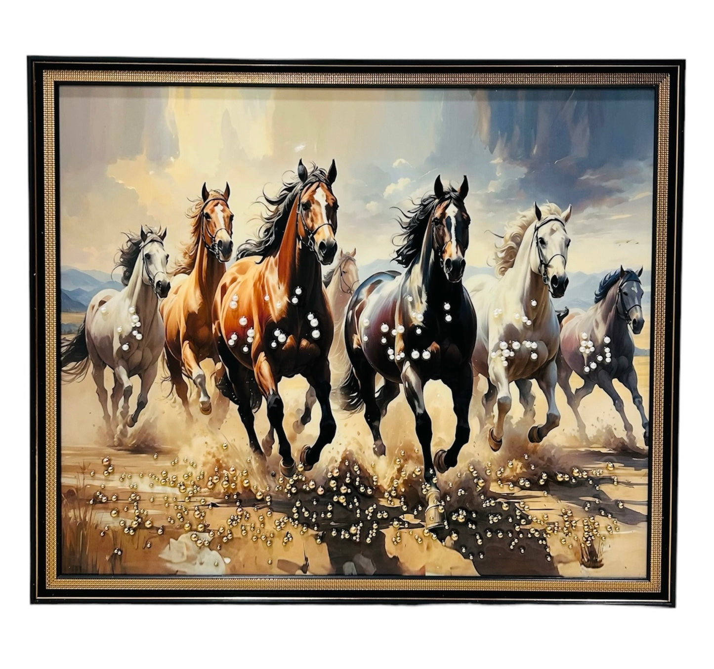 7 running horses oil glass painting studded with pearls