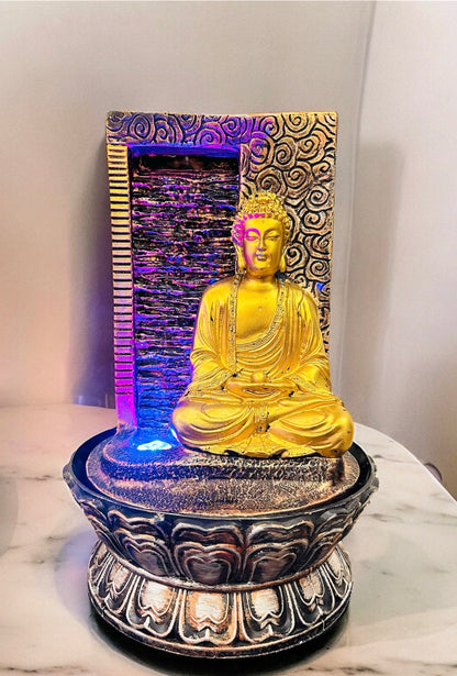 Meditating Buddha Fountain Gold Color Table Top Decor