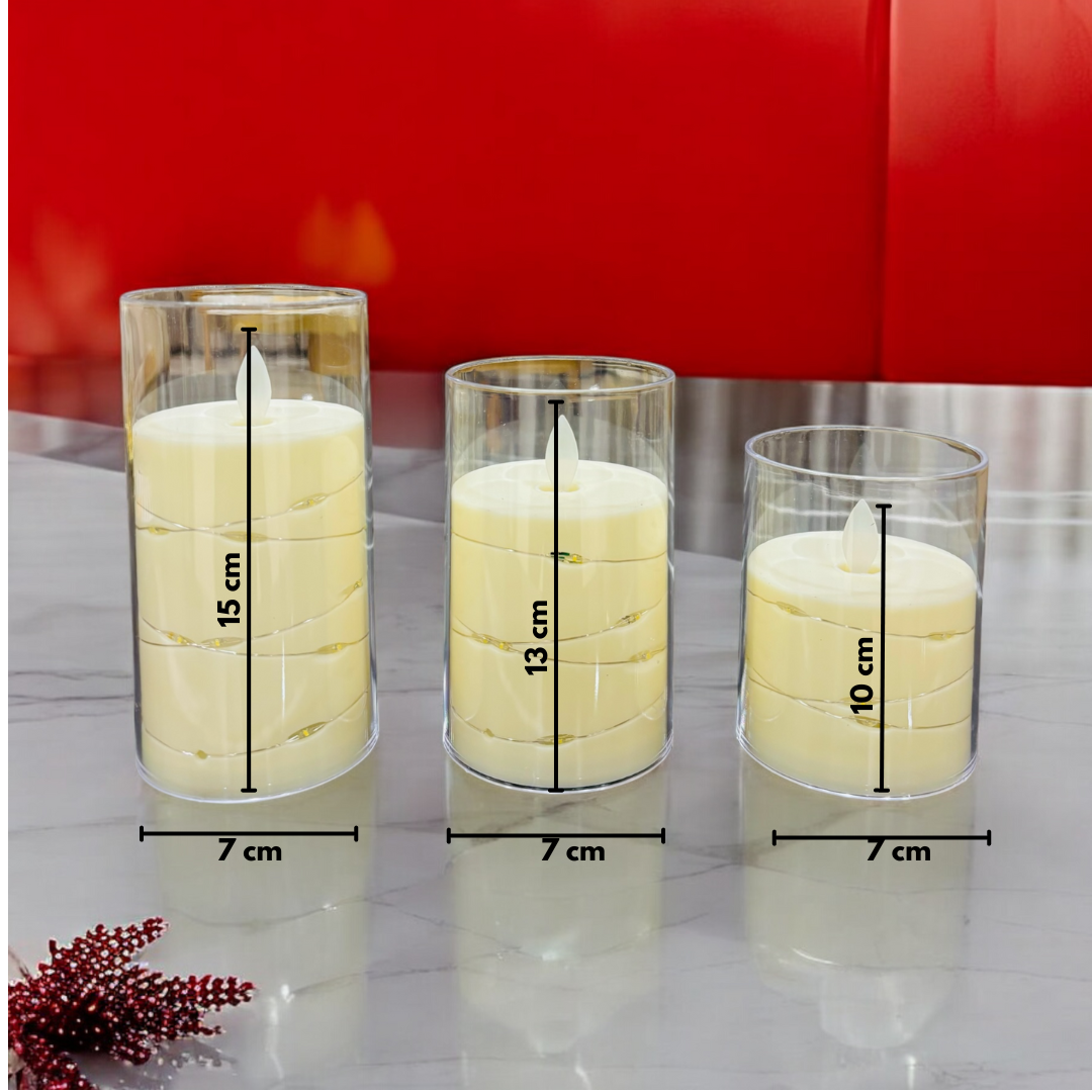 Artificial Candles with Glass Set of 3   – Warm Glow with String Lights for Ambient Decor