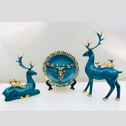 ARTISTIC BLUE DEER SET WITH EURO CERAMIC PLATE SHOWPIECE