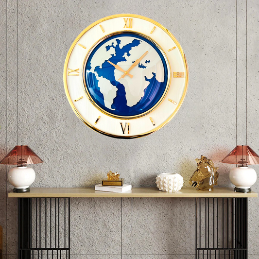 Modern World Map Wall Clock with Golden Frame