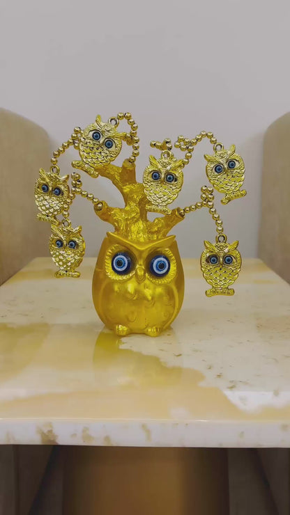 Golden Owl Tree with Evil Eye Protection for Table Decor