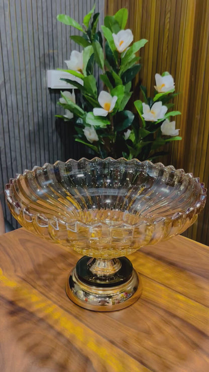 Luxury Amber Fluted Glass Fruit Bowl with Gold Pedestal Base – Decorative Tabletop Centerpiece Platter