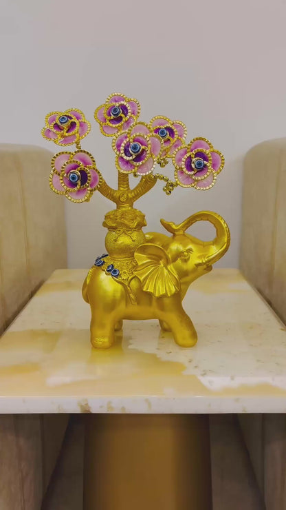 Golden Elephant with Evil Eye Flower Tree for Table Decor
