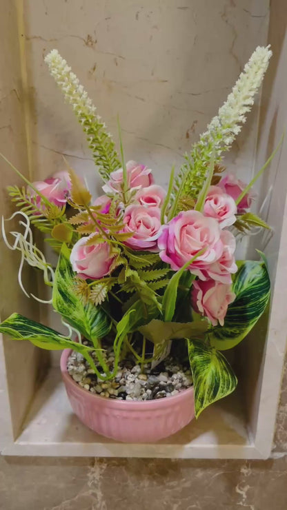 Artificial Rose Flower Plant with Ferns in Ceramic Pot with Pebbles