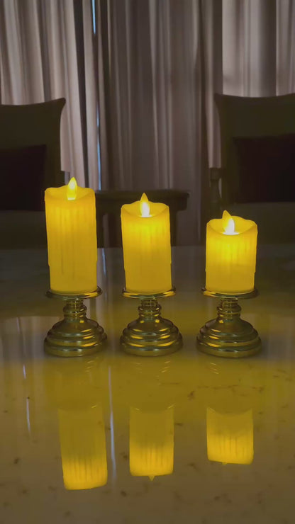 LED Melted Wax Candle with Golden Stand – Flameless Flickering Decorative Candle for Home & Festive Decor