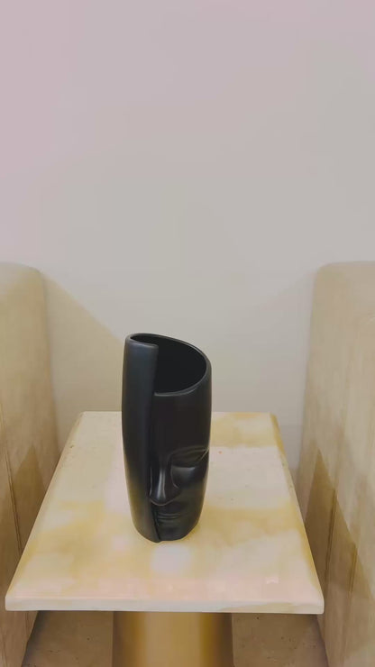 Modern Abstract Black Polystone Face Vase