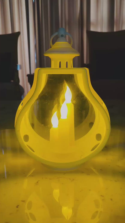 Modern Sculptural White Lantern with Integrated Triple LED Flameless Candles