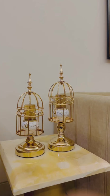 Luxurious Golden Cage Candle Stand with white marble finished holder inside- set of 2