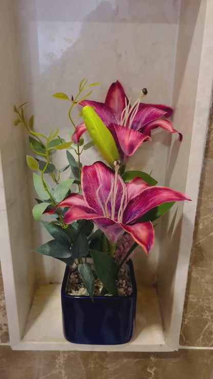 Artificial Hot Pink Lily Plant with Authtentic Pebbles and Shells for Bathroom and Home Decor