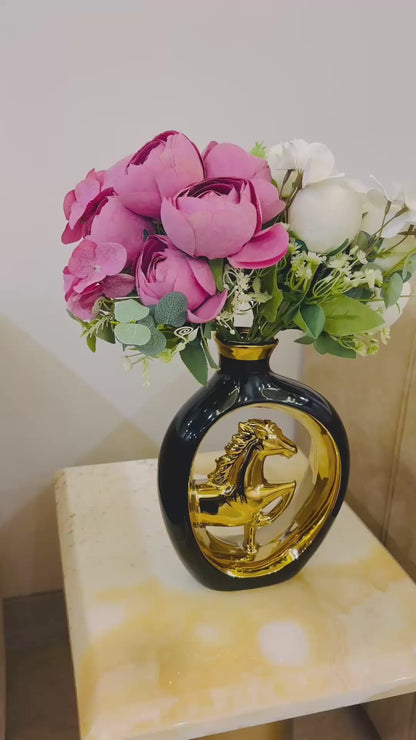 Luxury Black & Gold Metal Vase with Decorative Horse Design