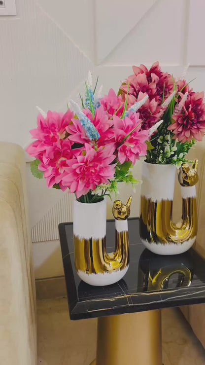 Modern Golden U-Shaped Metal Vase Set with Bird Accent