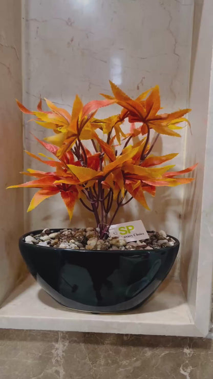 Artificial Maple Leaf Plant in Ceramic Pot with Authentic Pebbles - Elegant Home & Bathroom Décor