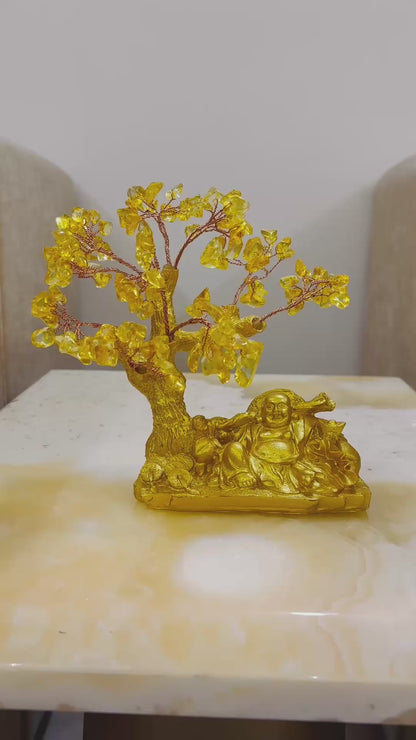 Golden Crystal Money Evil Eye Tree with Laughing Buddha