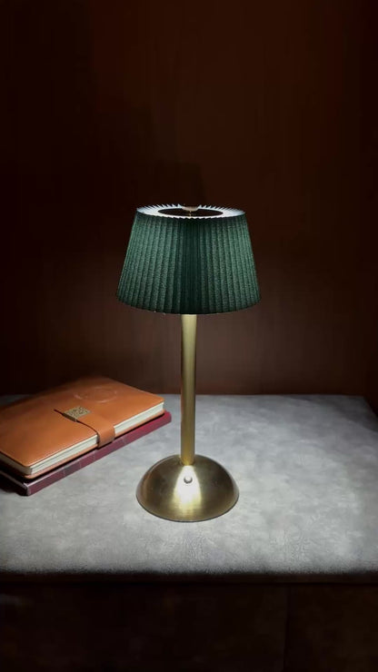 Gold Table Lamp with Pleated Green Shade & Touch Control