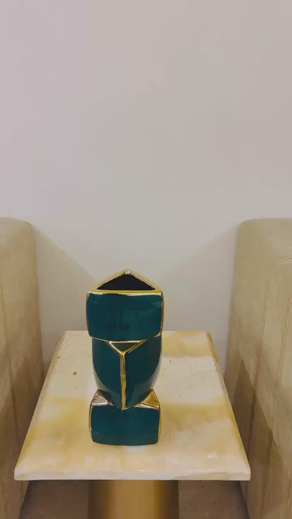 Modern Geometric Metal Vase with Glossy Teal and Gold Finish