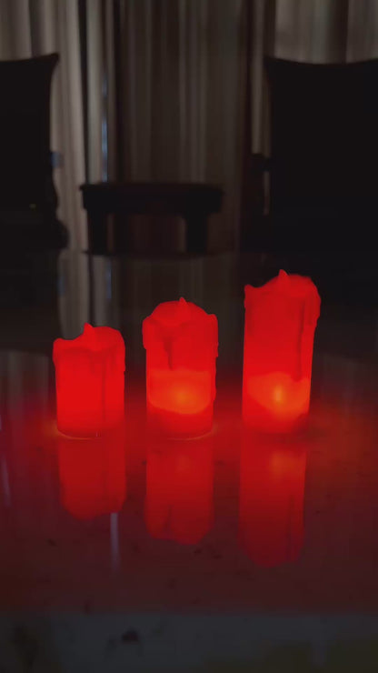 Vibrant Red LED Flameless Pillar Candles – Set of 3 Tiered Realistic Glow Candles with Melted Edge Design