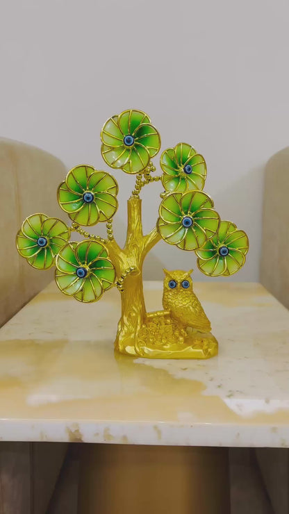 Golden Owl with Evil Eye Flower Tree for Table Decor