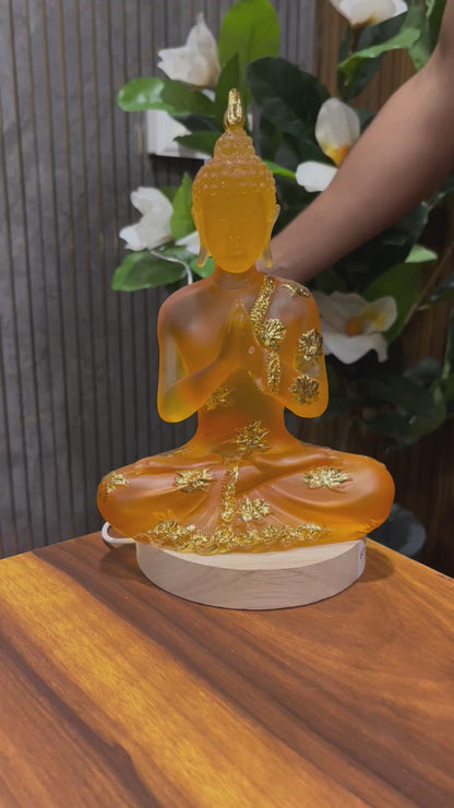 Serene Amber Meditating Buddha Resin Idol LED Lamp with Wooden Base, 9 Inches