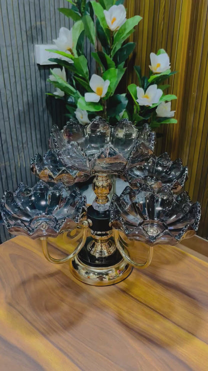 Luxury 5-Tier Lotus Smokey Glass Dry Fruit & Dessert Stand with Gold Pedestal– Decorative Multi-Bowl Centerpiece