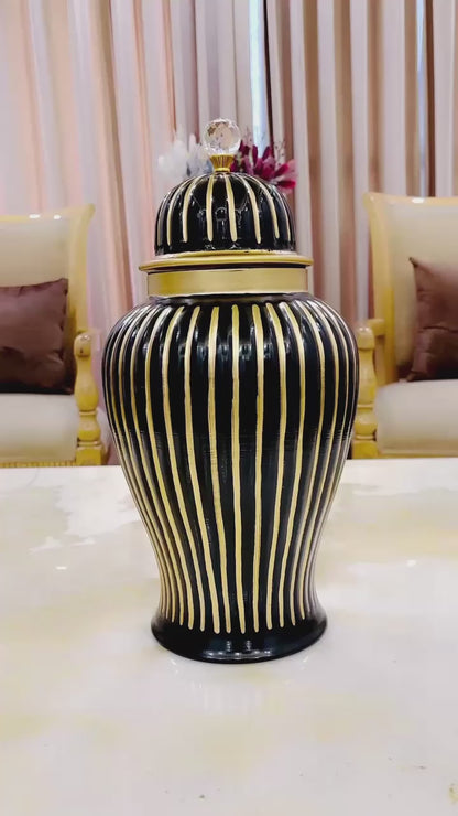 Elegant Ceramic Black and Gold Striped Vase with Crystal Lid